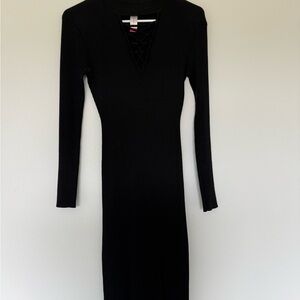 No Boundaries Black Ribbed Long-Sleeve Lace-Up V-Neck Dress